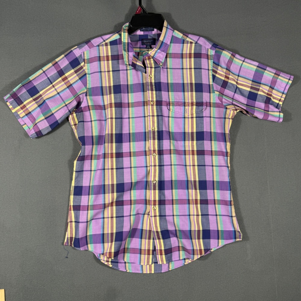 Gant Button Down Men L Purple Hugger Fitted Plaid Short Sleeve Cotton Shirt